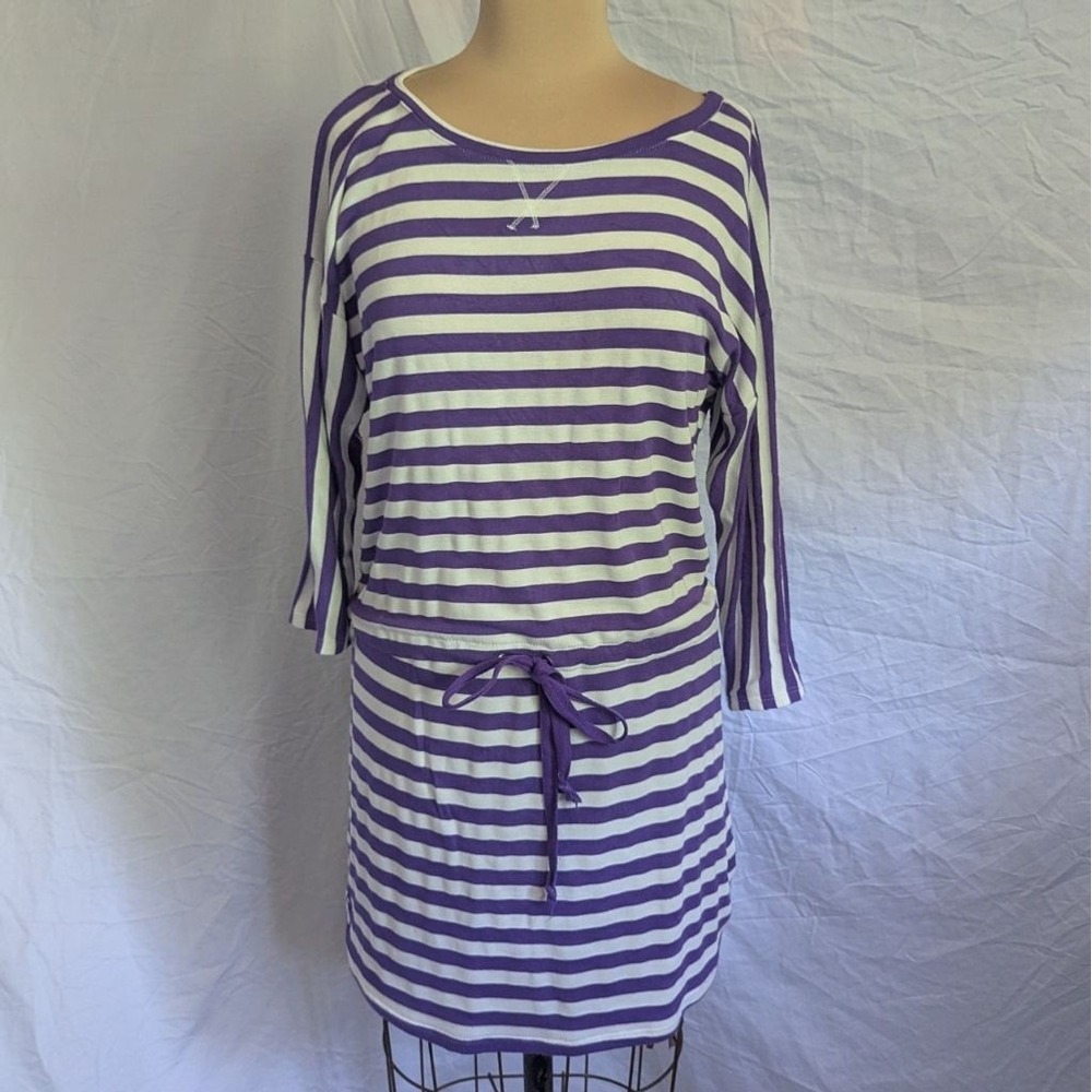 T-Shirt Dress Purple White Striped Drawstring Waist Sz M Butter Soft Casual